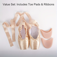Dynadans US Stock Sepatu Pointe Balet Satin Profesional Buatan Tangan dengan Ujung Keras, Hak Datar, Lapisan Katun Emas/Hitam untuk Anak Perempuan, Dilengkapi Bantalan Jari Kaki