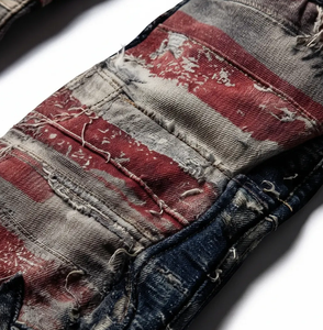 Jeans Rectos Wangsheng para Hombre, Cintura Media, con Parches de la Bandera Americana, Estampado de Estrellas y Rayas, Lavado Vintage, Spandex/Algodón - Product Image 5