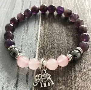 Pulseira ametista de quartzo rosa natural, pulseira com ametista para cura, proteção espiritual, balanço e meditação mala com pingente de elefante