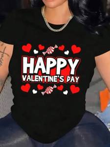 T-shirt girocollo stampata Happy Valentine's Day da donna, vestibilità regolare, top casual, 100% cotone jersey, manica corta - Product Image 3