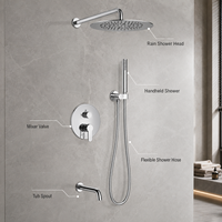 Kit de douche encastré moderne chromé à trois fonctions, mitigeur mural avec poignée, bouton de commande intégré chaud/froid, jet de pluie intérieur