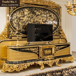 Mobile <span class=keywords><strong>TV</strong></span> in Legno Massello Intagliato Stile Europeo, Mobile da Terra per Grandi Appartamenti, <span class=keywords><strong>Serie</strong></span> Tradizionale Turca Dorata - Product Image 1