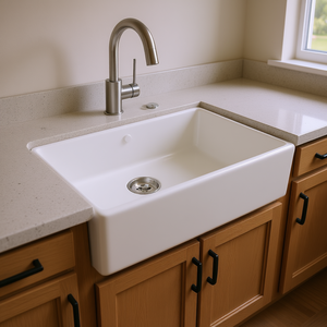 Évier de cuisine blanc style ferme, cuve unique, à encastrer sous plan, en céramique, 33x18x10 pouces, facile à nettoyer - Product Image 2