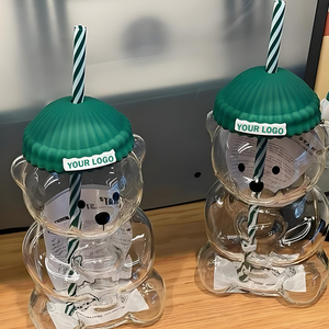 Tùy chỉnh thương hiệu Logo Gấu bông hình dạng cốc thủy tinh với rơm tái sử dụng lạnh uống cốc cà phê Mug với hat Nắp - Product Image 1