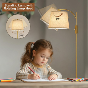 Modern Floor <b>Lamp</b> With <b>Table</b> Beige Linen Shade Brass Body Adjustable Height LED Light Source E27 <b>Base</b> For Living Room Bedroom - Product Image 4