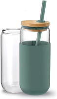 Verres à boire en verre 16oz très demandés avec manchon isolant en silicone, paille rabattable et couvercle en bambou – Réutilisables et compatibles lave-vaisselle pour jus et bière