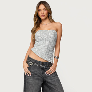 Sexy Strapless <strong>Sequins</strong> Shiny <strong>Silver</strong> Crop <strong>Tops</strong> 2026 Trending Product Women Summer Camisole <strong>Tops</strong> - Product Image 2