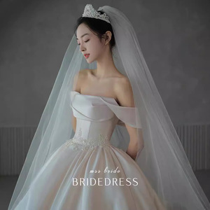 Mss Bride Wedding Dress Satin Off Shoulder Ball Gown Princess Waistline White Floor Length Vintage Style - Product Image 1