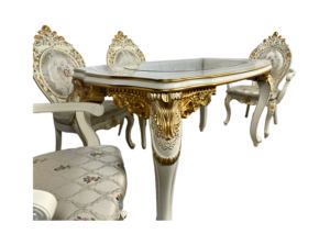 ชุดโต๊ะอาหารไม้แกะสลักสไตล์ยุโรป รูปทรงสี่เหลี่ยมผืนผ้า พร้อมเก้าอี้ 7 ชิ้น เฟอร์นิเจอร์บ้าน ลายทอง สำหรับอพาร์ทเมนต์ขนาดเล็ก - Product Image 5