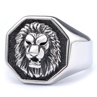 Bague Hip-Hop Lion en Acier Inoxydable Plaqué Or pour Homme, Bague Punk Géométrique Hexagonale en Acier Inoxydable Argenté, Modèle « Le Pêché de Fierté du Lion »