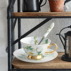 ORIGINAL Floral Bone China Tea <b>Cup</b> and Saucer Set <b>Gold</b> Trim Round Ceramic <b>Cups</b> for Back to School Gift - Product Image 3