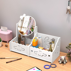 Desktop Makeup <b>Mirror</b> Storage Box With Flip Up <b>Mirror</b> Cosmetic Organizer For Student Dorm Bedroom <b>Plastic</b> Material - Product Image 3
