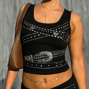 Camiseta sin mangas estilo Y2K para mujer, con cinturón de diamantes de imitación, cuello en U, ajuste ceñido, camisola de verano, venta al por mayor - Product Image 1