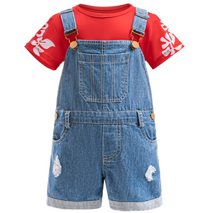 Nouvel arrivage de T-shirts manches courtes imprimés feuilles Lilo à bretelles en denim combinaison courte tenue costume hawaïen pour filles de 2 à 9 ans - Product Image 3