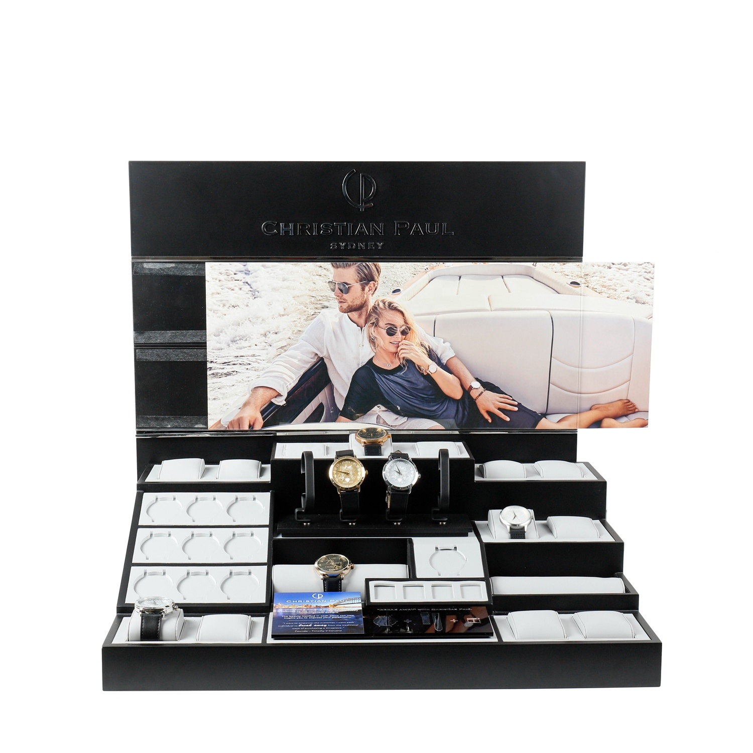 10% скидка, стеллаж для демонстрации магазина, большой черный роскошный деревянный держатель для часов ручной работы с логотипом на заказ