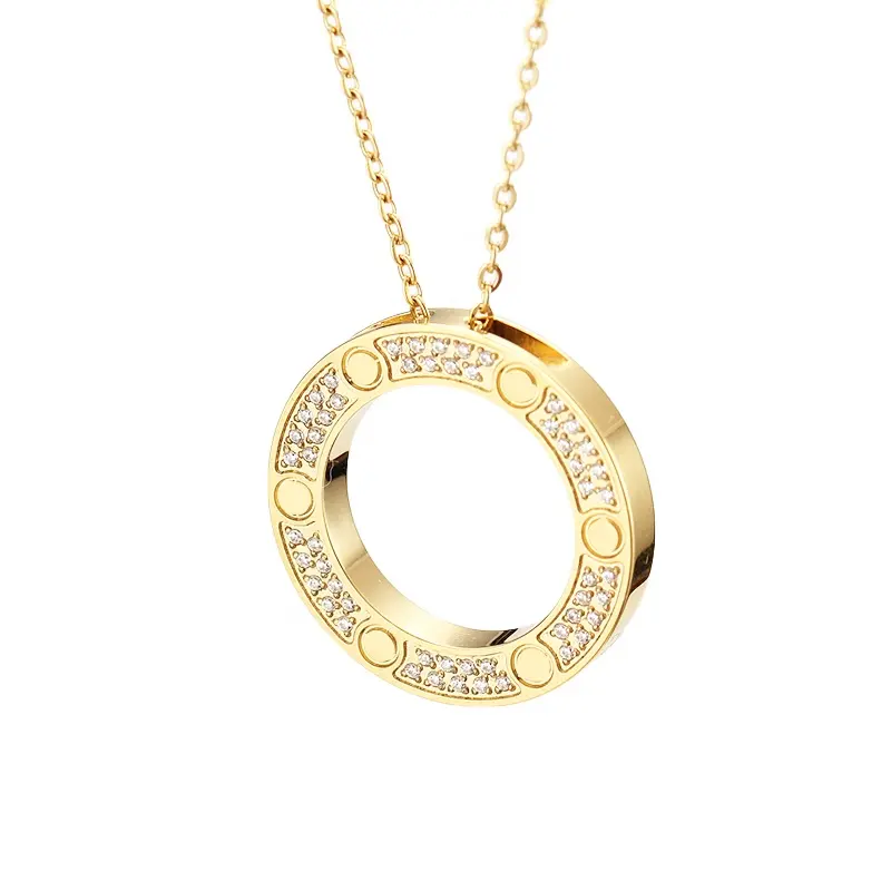 Fashion Brand Stainless Steel Jewelry with Zircon Round Ring Love Screw Pendant Necklace