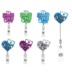 Acrylic glitter hospital-style easy-open buckle with back clip, round retractable anti-loss badge <b>holder</b>, <b>ID</b> card <b>holder</b>, - Product Image 1