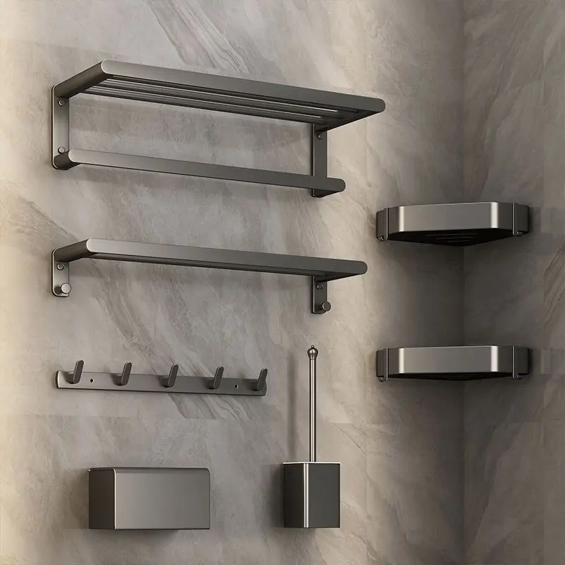 Venta al por mayor accesorios de baño completo de lujo para el hogar moderno montado en la pared de aluminio impermeable 6 piezas conjunto de estante de almacenamiento