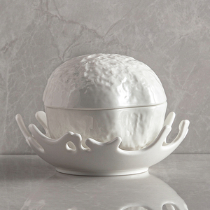 Tazón de Cerámica Blanco con Tapa para Sopa, Ensalada, Bingsu, Postre, Nido de Pájaro, Estilo Creativo con Diseño de Grano de Roca, para Restaurante - Product Image 3