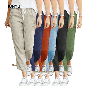 RTS European American Summer Collection New Eco-Friendly Regular Casual Cotton <b>Linen</b> Women's <b>Pants</b> High Elastic Flat <b>Drawstring</b> - Product Image 4