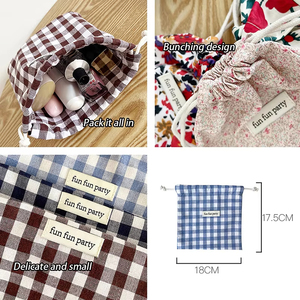 Floral Print Plaid Cotton <b>Drawstring</b> <b>Pouch</b> Bag for Makeup Key Storage Eco Friendly Small Canvas <b>Drawstring</b> Cloth Bag - Product Image 4