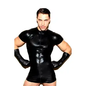 MOGlovers Black Catsuit Latex Stretch PVC Jumpsuit Men Clubwear Mesh Lingerie Bodysuits Sexy