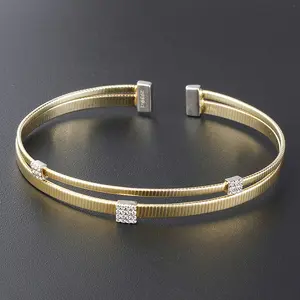 silver925 women bangle bracelet adjustable cable wire rope open cuff zirconia gold filled 18k plated sterling 925 simple jewelry