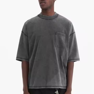 Hot Sell Plain T <b>Shirt</b> French Terry Cotton <b>Men</b> T <b>Shirt</b> Grey Boxy Chest <b>Pocket</b> Round Neck T <b>Shirt</b> Unisex <b>Men</b> T-<b>shirt</b> - Product Image 1