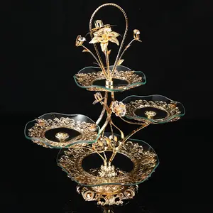 Home Decoration European Style Luxury Gold Glass And Metal 3 Tiers Cake Desert Fruit Plate Serving Trays