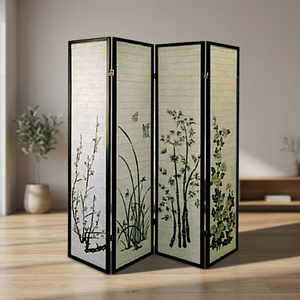 Separador de ambientes plegable con diseño Japandi, marco de madera de pino, color negro con tela no tejida - Product Image 3