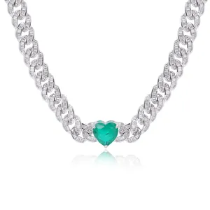 Silver jewelry micro paved cz zircon green main stone cuban link bracelet women silver 925 necklace heart shape with pendant