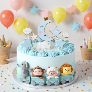 Décorations de gâteaux pour animaux, 12 pièces, figurines de train, éléphant, singe, lion, agneau, couronne et lune. - Product Image 2