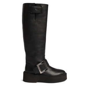 Women Low <b>Heel</b> Knight Boots <b>Round</b> <b>Toe</b> Knee High Long Booties Flat Big Metal Buckles Ladies Thick Sole Shoes - Product Image 6