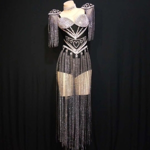 Combinaison de scène pour femme, style sexy, avec épaulettes, strass et franges, pour danse <span class=keywords><strong>jazz</strong></span>, spectacle de danse, club - Product Image 5
