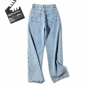 Pantalones Rectos de Moda Vintage Azul Grisáceo, <span class=keywords><strong>Ropa</strong></span> de Cintura Alta, Jeans de Pierna Ancha para Mujer con Cinturón Oblicuo - Product Image 5