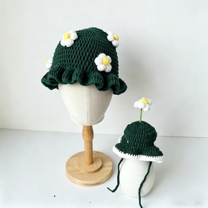 Gorro de bebé de ganchillo, gorro de sol tejido con pompón de flor y borde con volantes para niños, viajes, actividades al aire libre. Se acepta personalización. - Product Image 4
