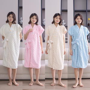 New Cloud Grid Coral Velvet <b>Bathrobe</b> Quick-Dry Woven Cross Tie Soft Absorbent Yukata for Home Use Portable - Product Image 5