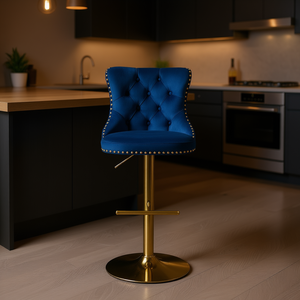 Tufted Blue Velvet Bar <b>Stool</b> <b>Adjustable</b> Height 25-33 Inch Modern Metal Base Home Bar - Product Image 2