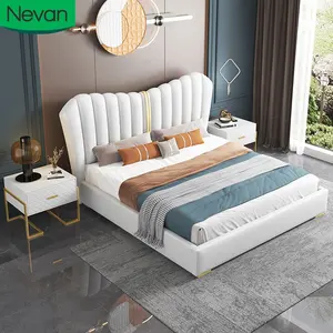 Furnitur rumah kain modern kamar tidur putih tempat tidur ganda tempat tidur berlapis bingkai kayu ukuran queen kulit lembut penyimpanan tempat tidur headboard