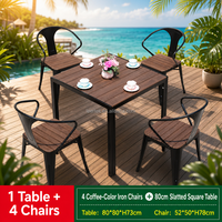 Ensemble de salle à manger de patio en métal 5 pièces, table basse carrée à lattes 80 cm, pieds noirs avec 4 chaises assorties, vente en gros directe d'usine