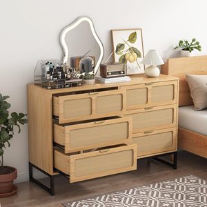Farmhouse Wood Storage 6 <strong>Drawer</strong> Rattan Dresser Modern Dresser <strong>Chest</strong> <strong>of</strong> <strong>Drawers</strong> for Bedroom - Product Image 5