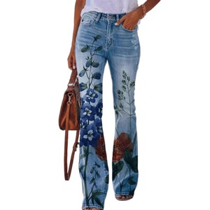 Top vendite moda donna pantaloni lunghi svasati pantaloni Jeans svasati 2 tasche stampa digitale Jeans ragazza - Product Image 5