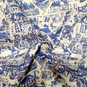 Tissu en lin 100% imprimé avec un motif de maisons bleues personnalisé, en vente, au mètre, pour les vêtements des filles, des garçons et des enfants - Product Image 4