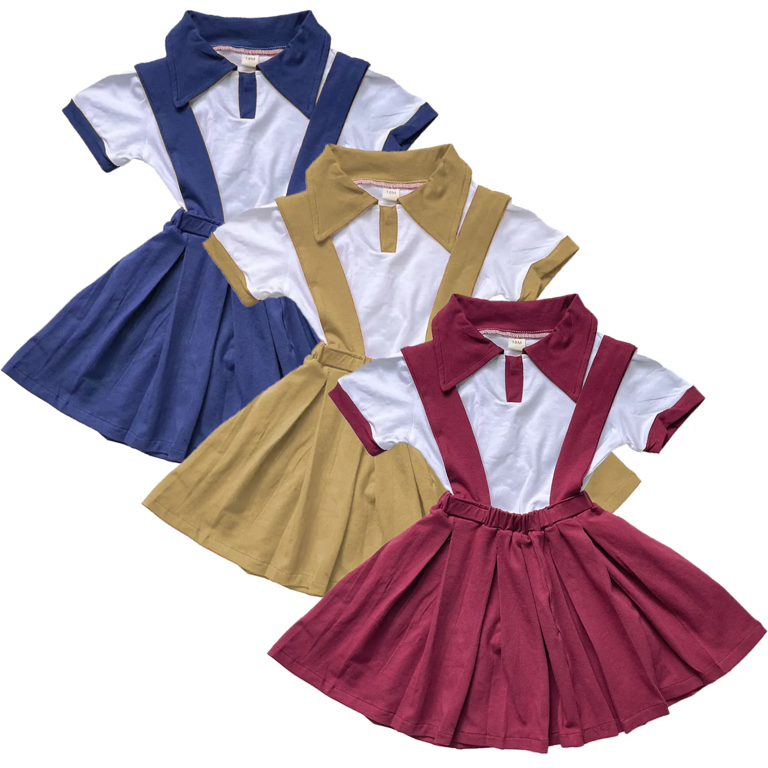 Детская Одежда для девочек, юбка с лямками на спине, Детская рубашка-поло цвета хаки, плиссированная юбка, новый комплект для девочек, новый комплект для школы