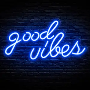 ป้ายนีออนสีน้ําเงิน Good Vibes สําหรับการตกแต่งผนังไฟนีออนสําหรับป้ายผนังนีออนห้องนอน