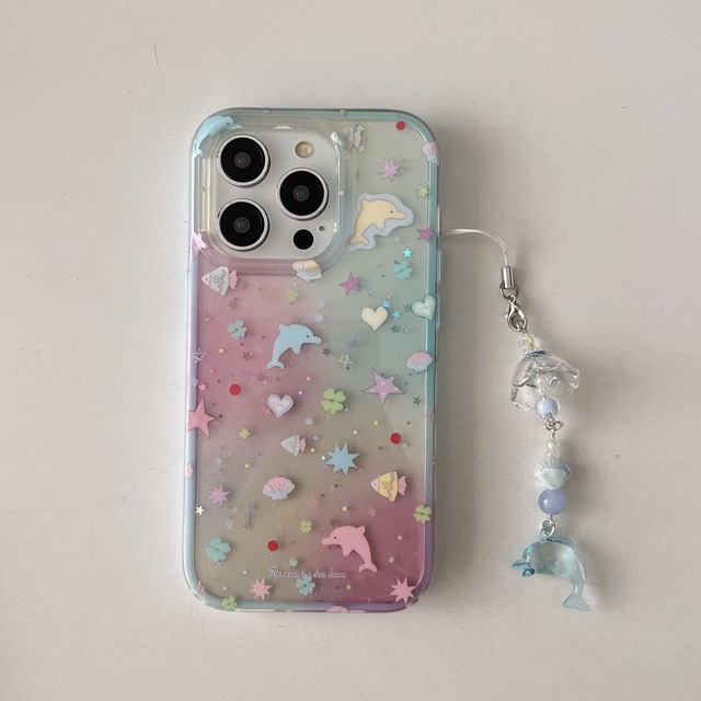 New Colorful Star and Dolphin Pattern TPU Phone Case for iPhone 16 15 14 13 Pro Max Plus Shockproof Phone Cover with Rope