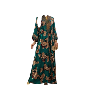 Robe longue Abaya pour femme, imprimé floral brodé, anti-boulochage, en polyester, style Kaftan, mode islamique arabe, collection automne - Product Image 1