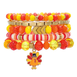 Orange Harvest Charm Bracelet <b>Set</b> 5-Strap Polymer <b>Clay</b> Turkey Jewelry Unisex Fall 2024 Fashion Bracelets - Product Image 4