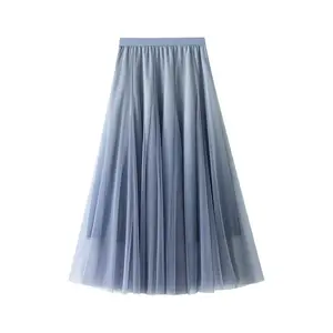 Gradient color bright women's A-line skirt high waist large swing mesh gauze pleated skirt long tule skirt