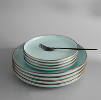 Service de table en porcelaine LOMATO Luxury Classic Turquoise Dot Speckle avec bordure dorée, assiettes plates mates, bols à soupe, respectueux de l'environnement